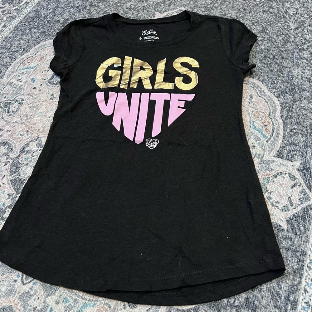 Black graphic justice tee neon pink girls unite